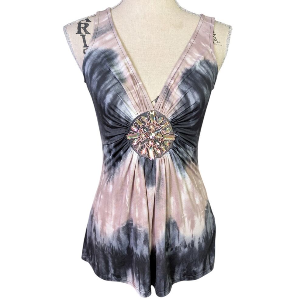 Y2K Venus Tie Dye Rhinestone Empire Waist Tunic Top XS Goth Boho